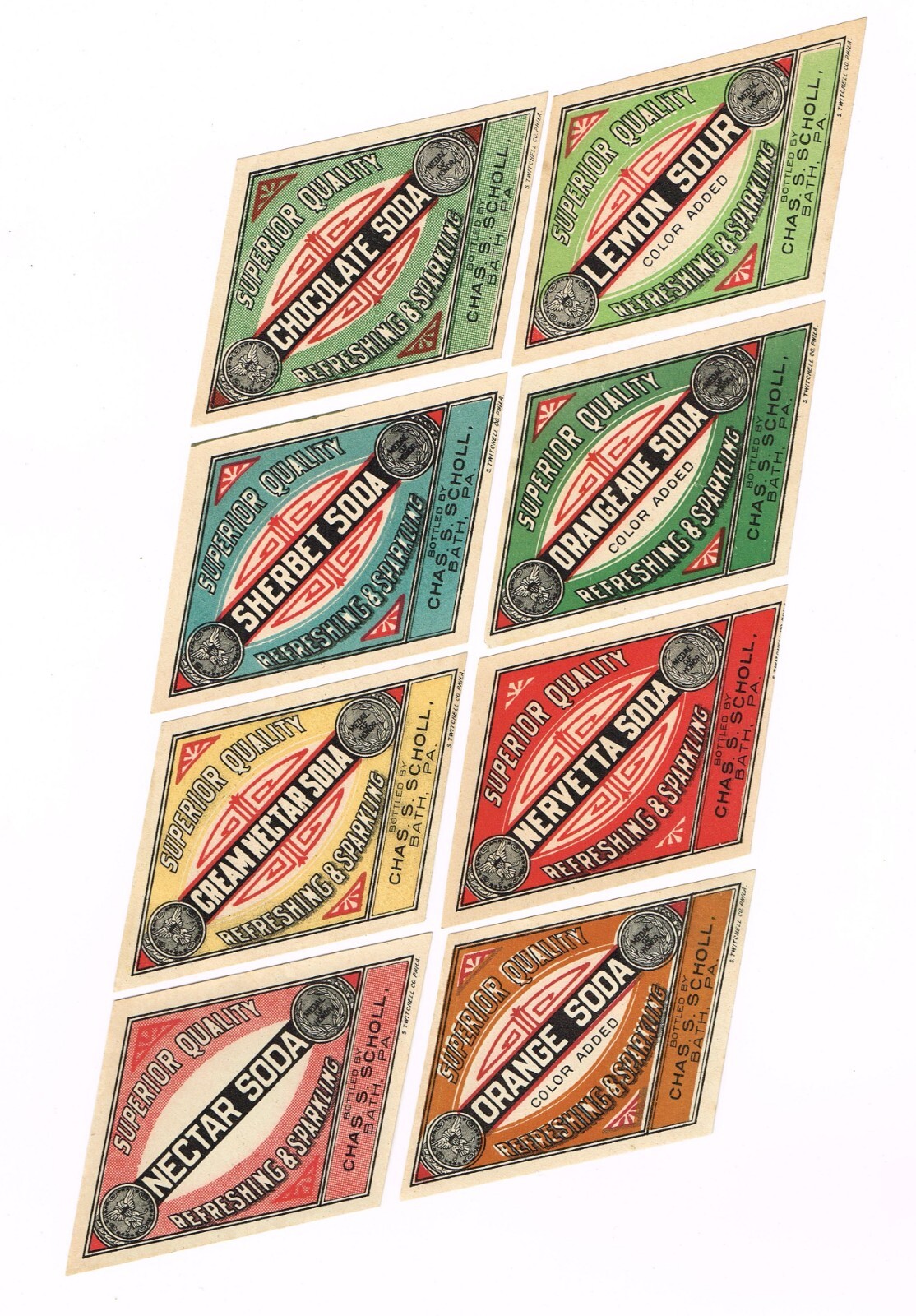 8 DIFF GENUINE 1920S SODA POP BOTTLE LABELS BATH PENNSYLVANIA CHAS SCHOLL
