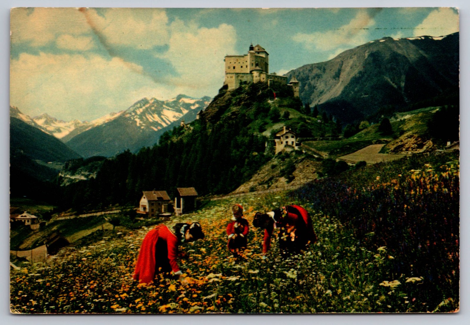 Tarasp Castle Engadine Switzerland Women Picking Flowers Vintage Postcard