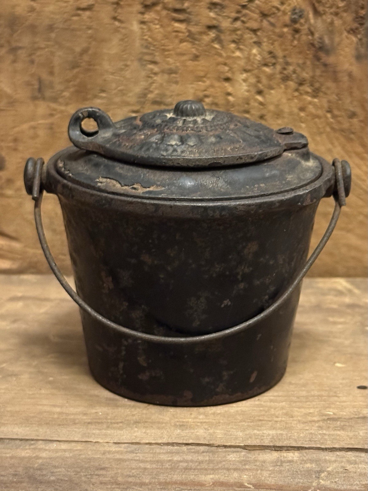 Antique “The Home” Cast Iron Melting Pot Ornate Lid Bail Handle