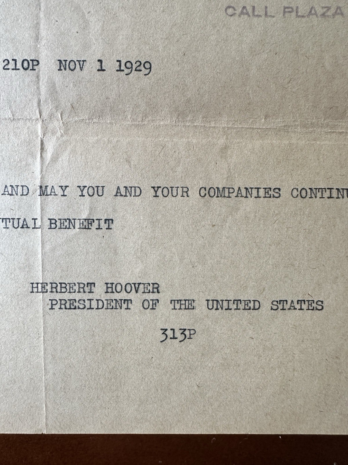 1929 President HERBERT HOOVER Western Union Telegram Signed President of the US