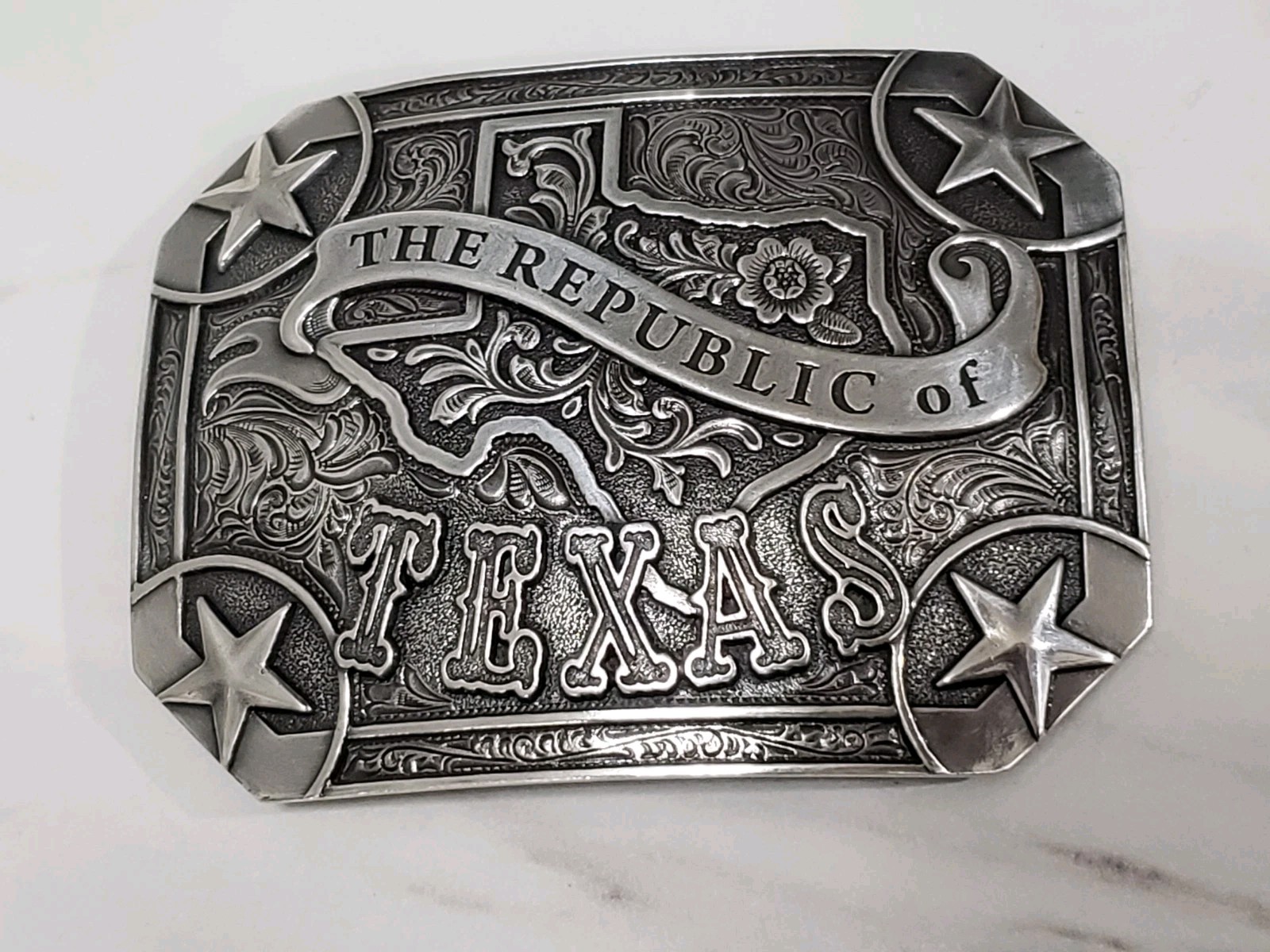 Nocona Silver Tone The Republic Of Texas Belt Buckle Texans Western State USA
