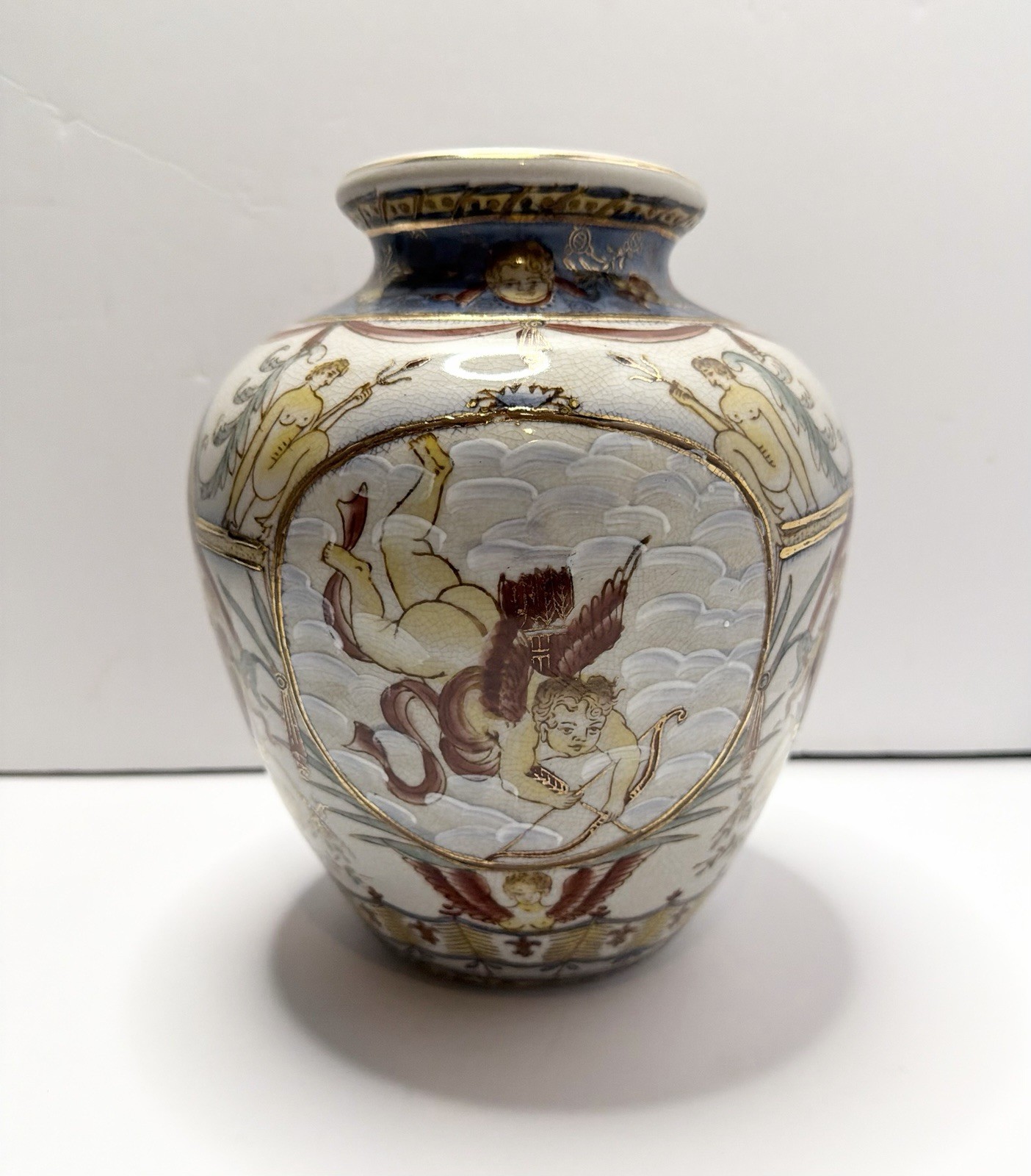 Antique Hand Painted Neoclassical Greco-Roman Cherub Crackle Vase With Gold Gilt