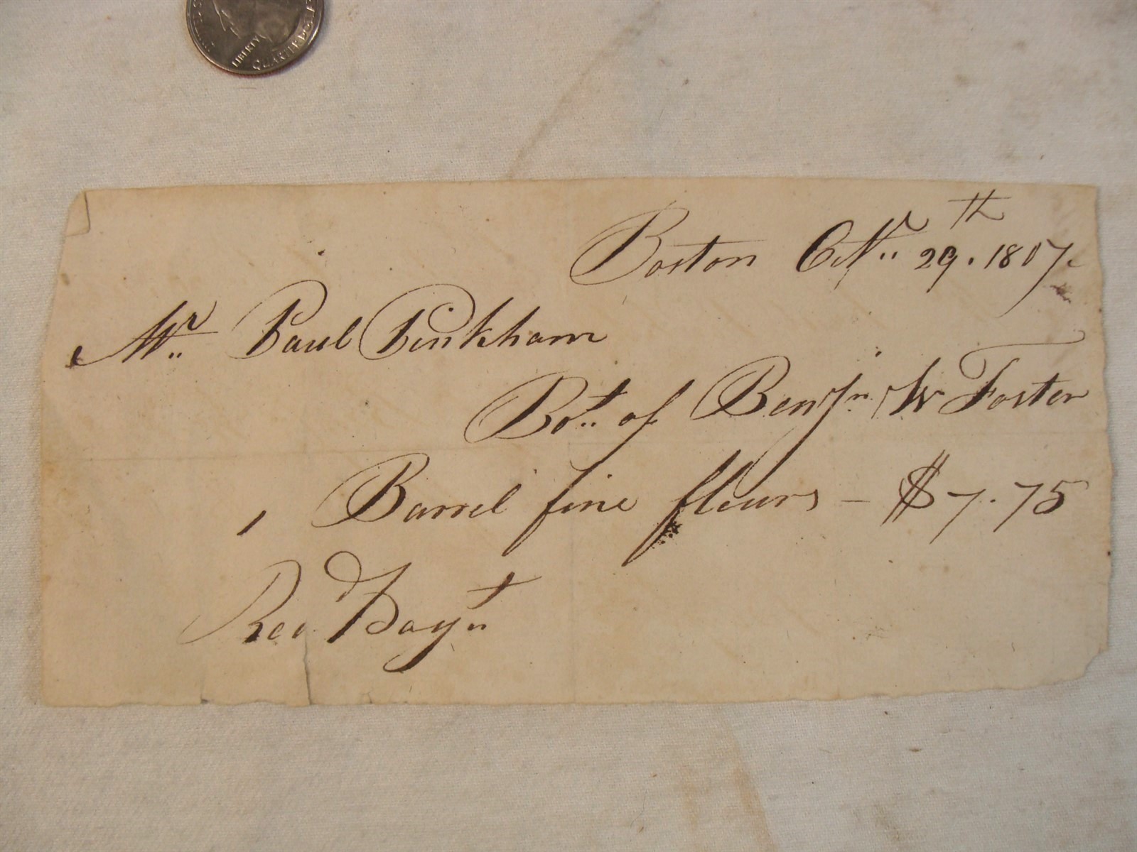 1807 Boston Paul Pinkham Flour Receipt Benjamin Foster