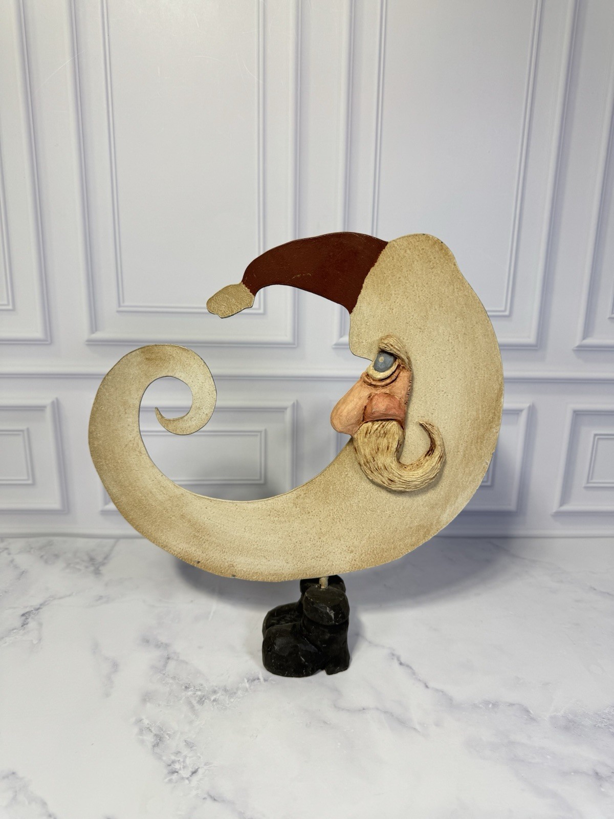 VTG Crescent Moon Metal Santa Figurine Signed MFM 92 Folk Art Christmas Decor