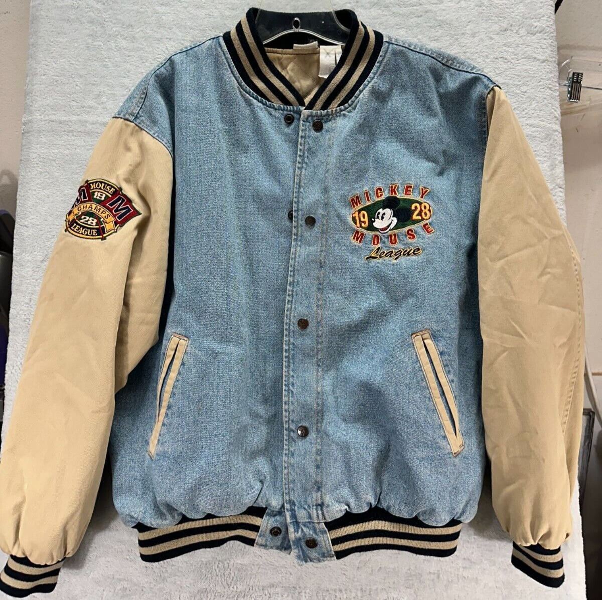 Vintage 90s Mickey Mouse League Jean Denim Varsity Jacket Mens L/XL