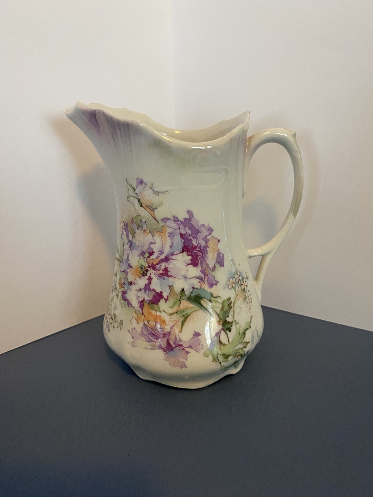 Vinatge Woolley White Porcelain Pitcher Fluted Neck Purple Floral Handpainted Vinatge Woolley White Porcelain Pitcher Fluted Neck Purple Floral Handpainted