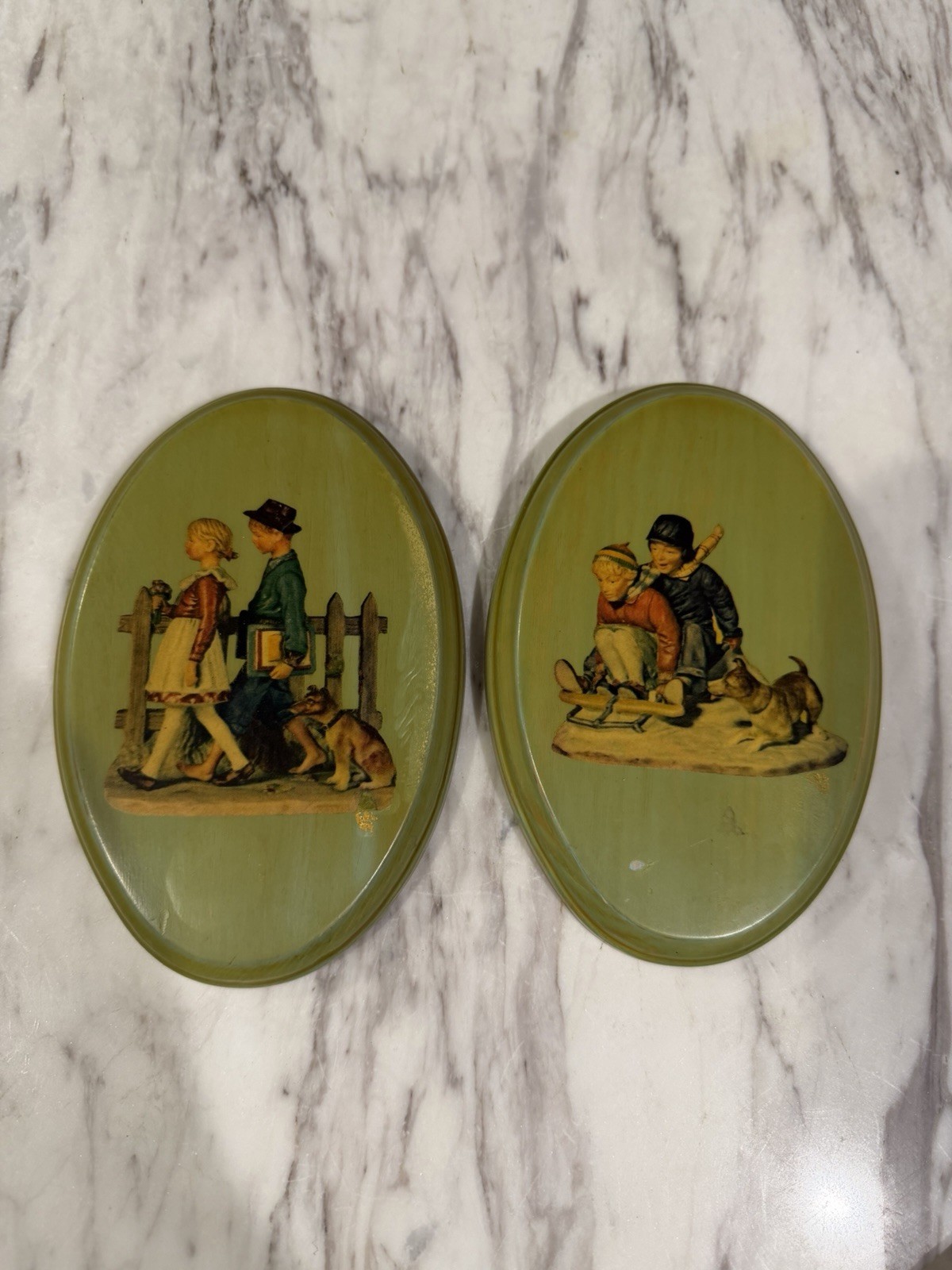Vintage Norman Rockwell Young Love Wall Plaques Pair 1949 Scenes Decoupage 4 x 6