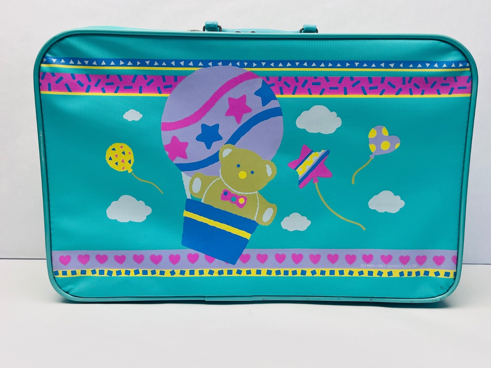 Vintage Sanrio Just For Fun Teddy Bear Suitcase 1987 Bright Teal Mint Green T70