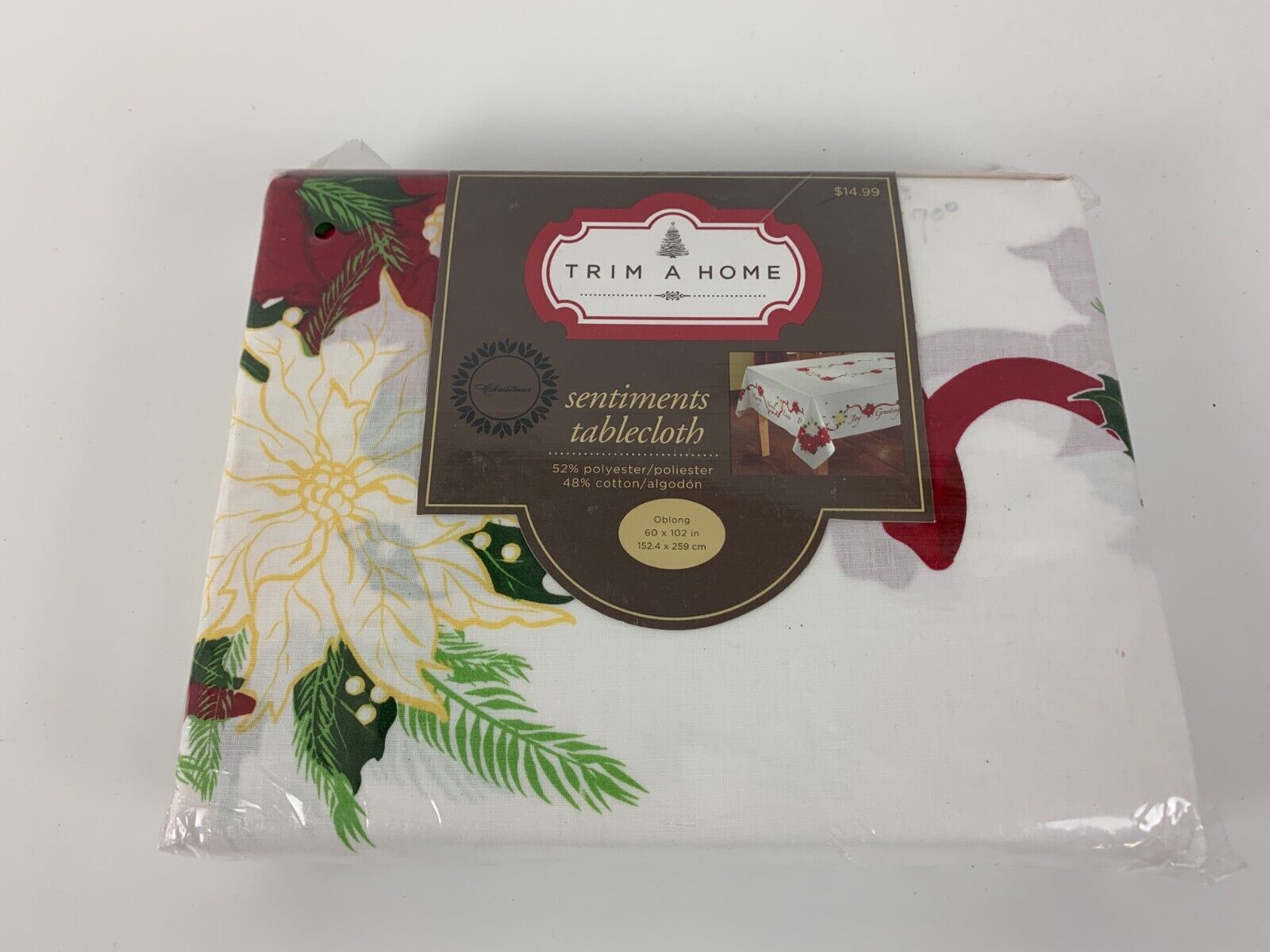 Christmas Fabric Tablecloth Oblong 60x102 Sentiments Trim A Home Vintage KMART