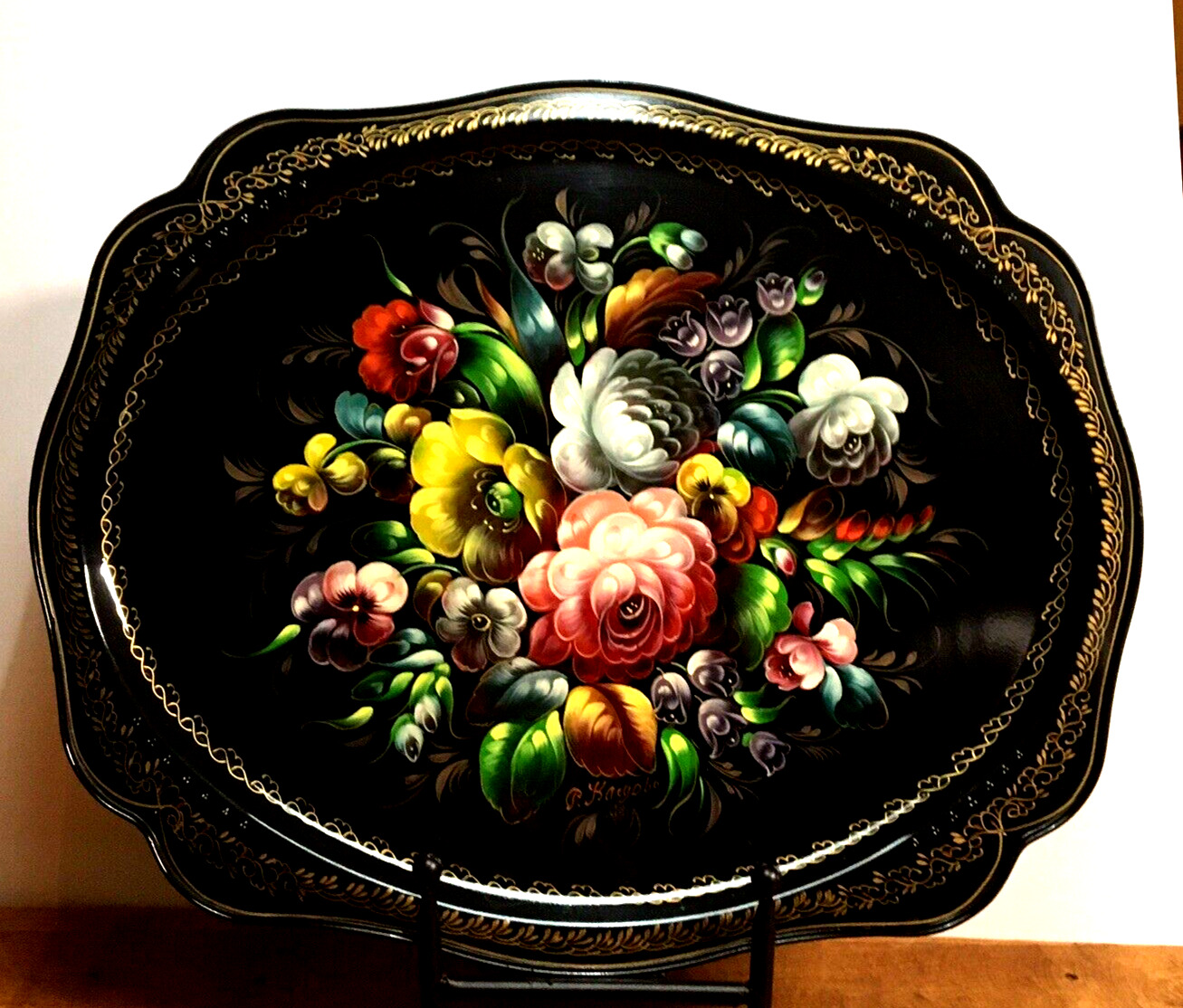 Mid Century Hand Painted Toleware Metal Tray Black Floral with Gold Accents TP