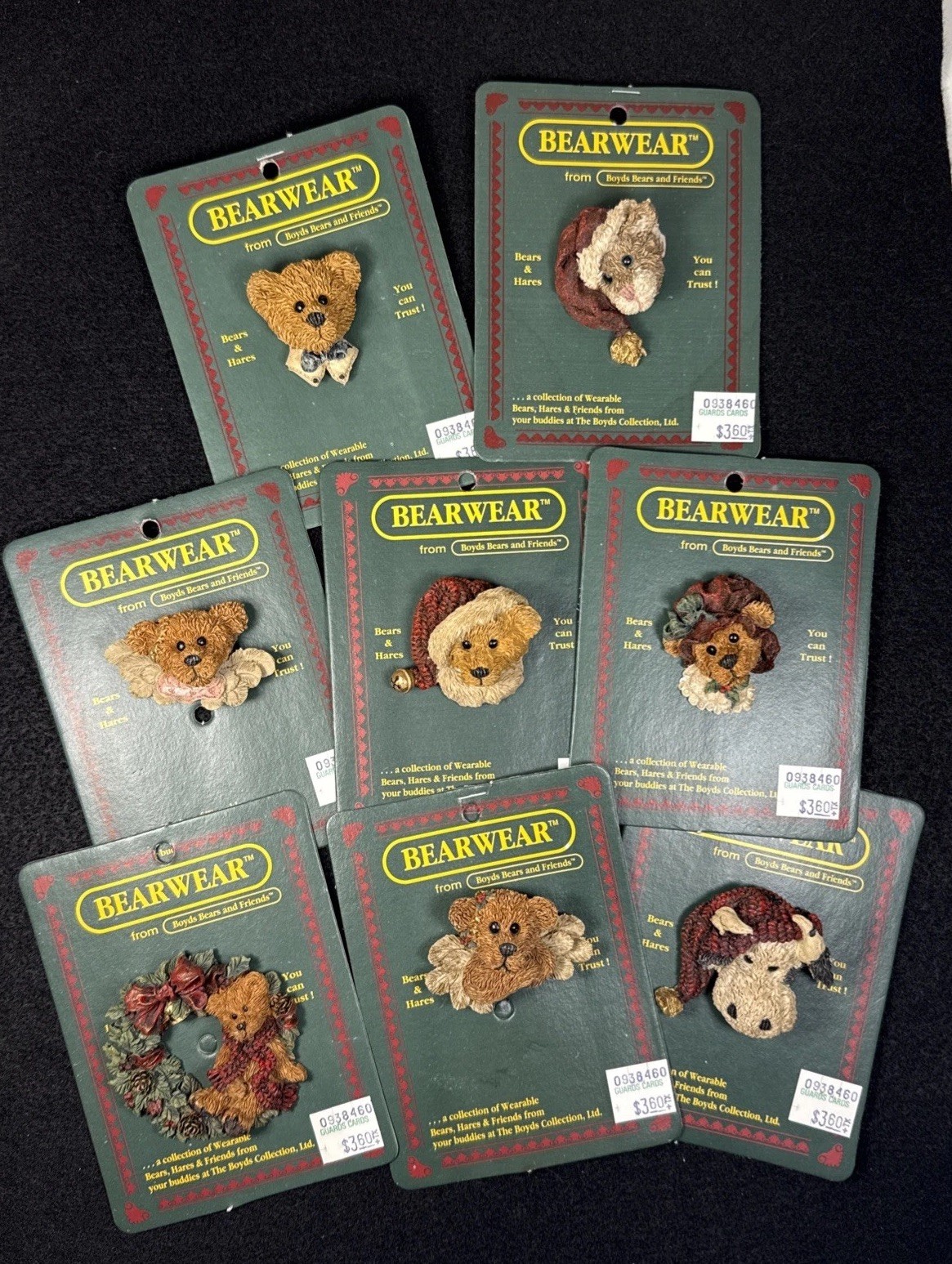 Lot of 8 Vintage NIP 1994 Boyds Bears Christmas Pin Back Buttons on Cards NOS
