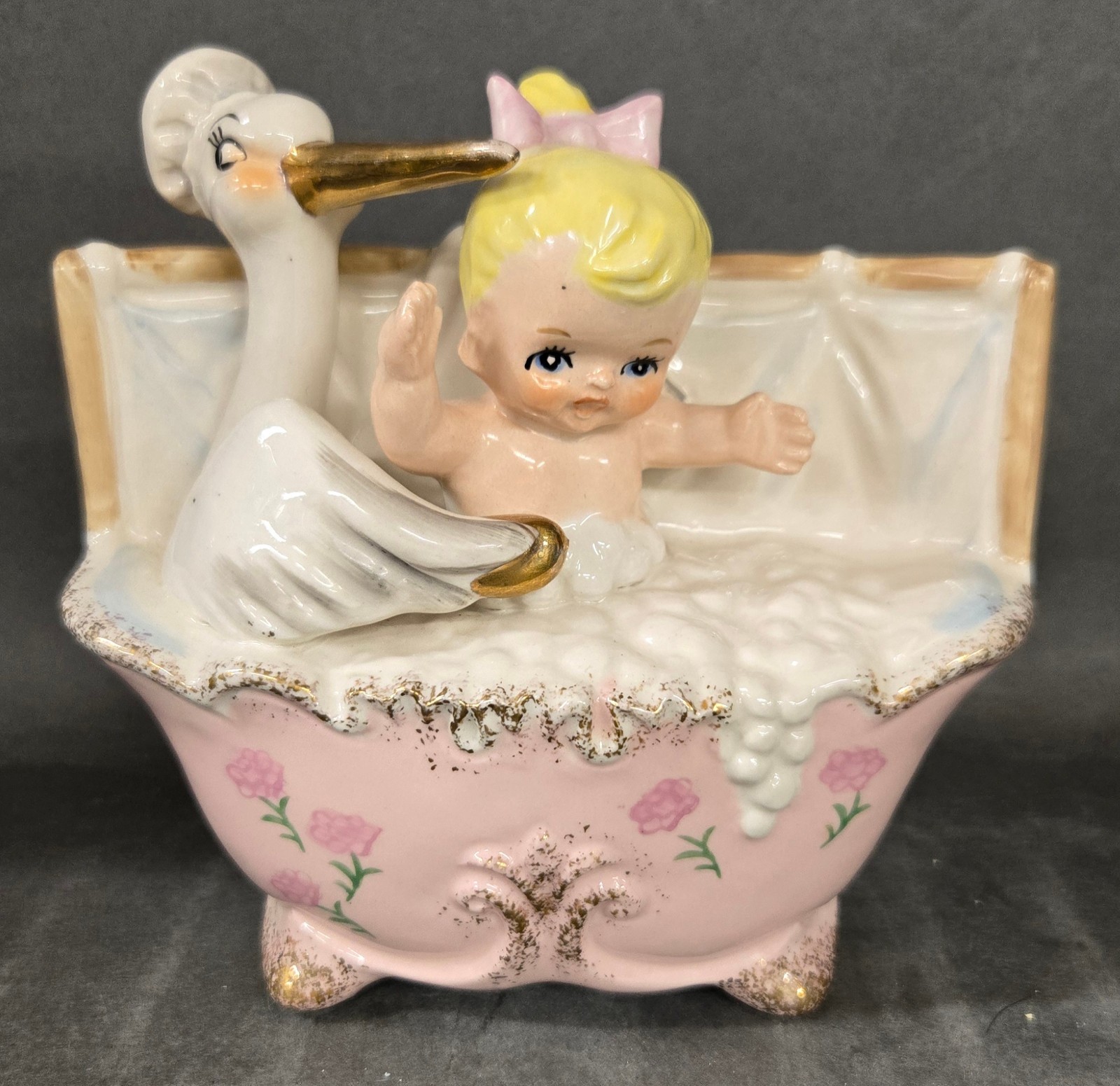 Vintage Relpo 4002 Nursery Planter Stork Blonde Baby Girl Pink Bubble Bath Japan