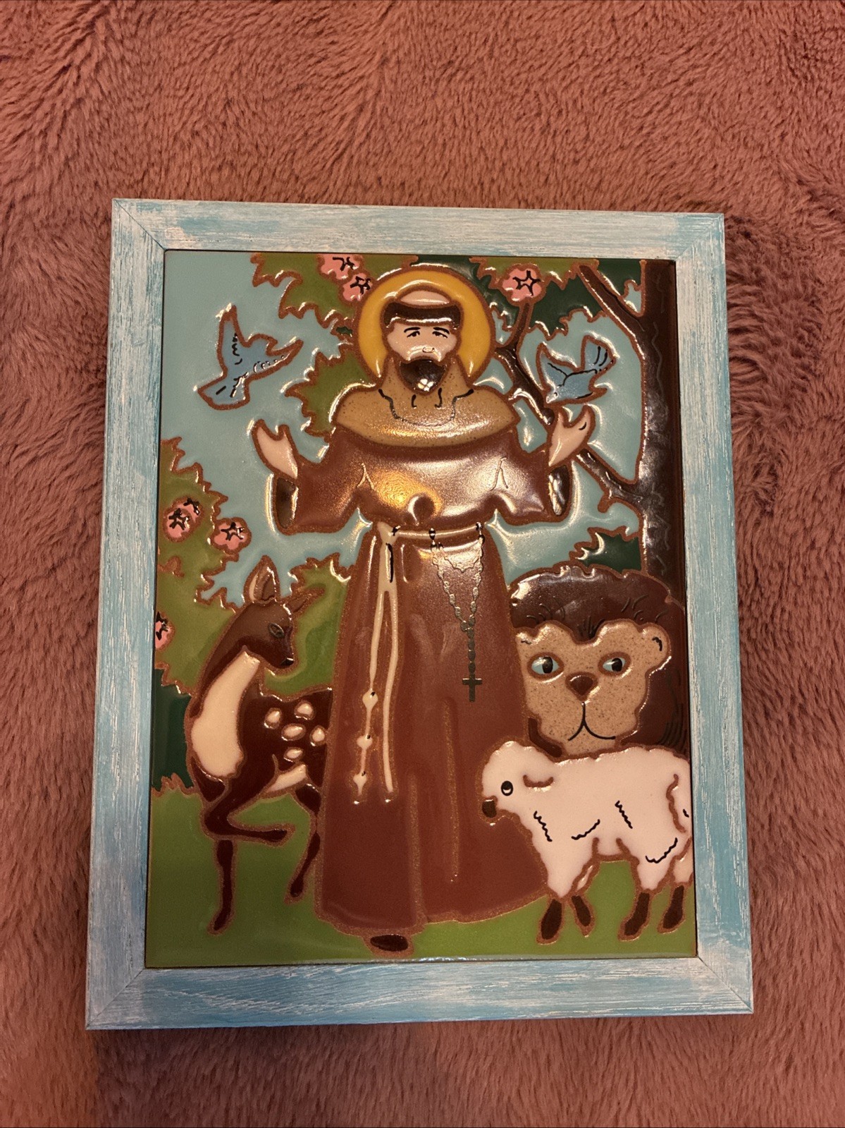 Vintage 1985 Arius Tile Co St Francis of Assisi 6x8 Ceramic Art Tile Framed