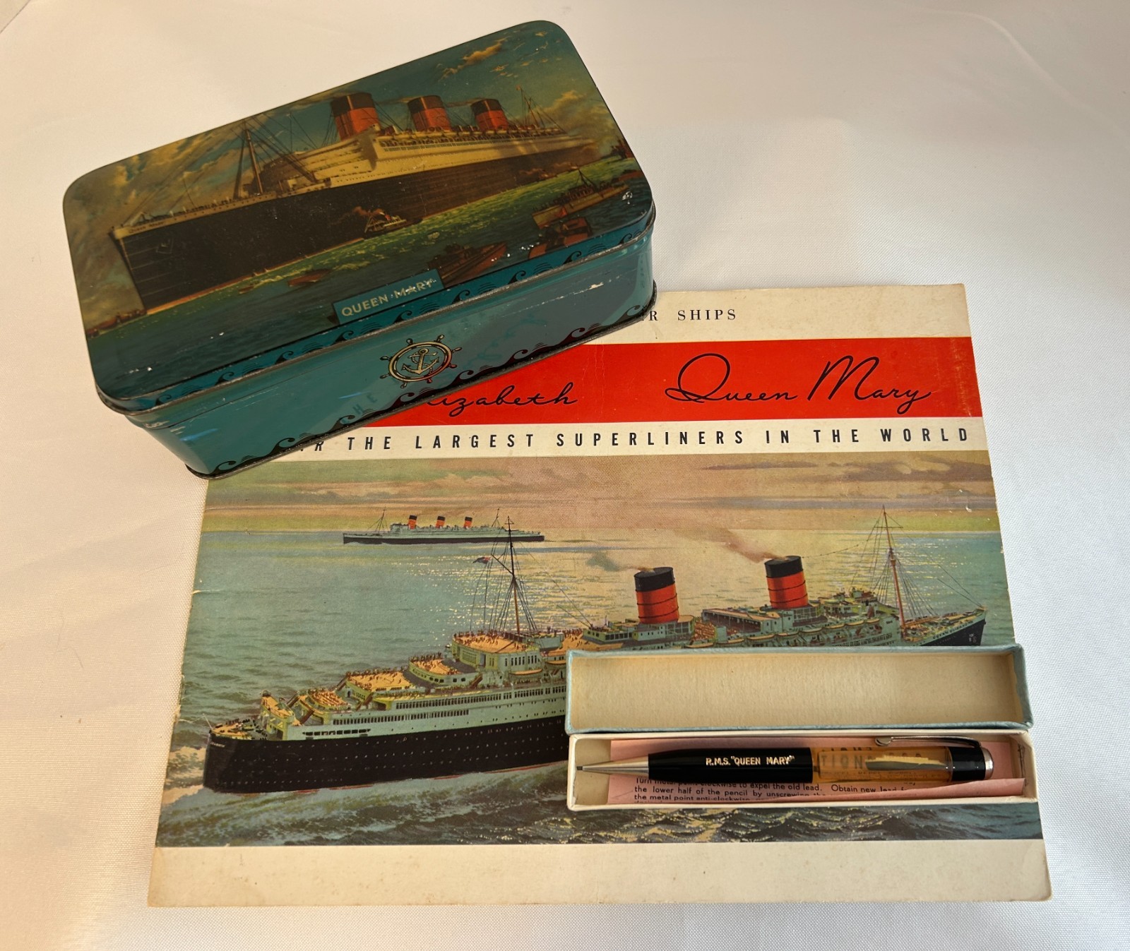 Vintage RMS Queen Mary Cunard Souvenir Lot Booklet Toffee Tin Pencil Set