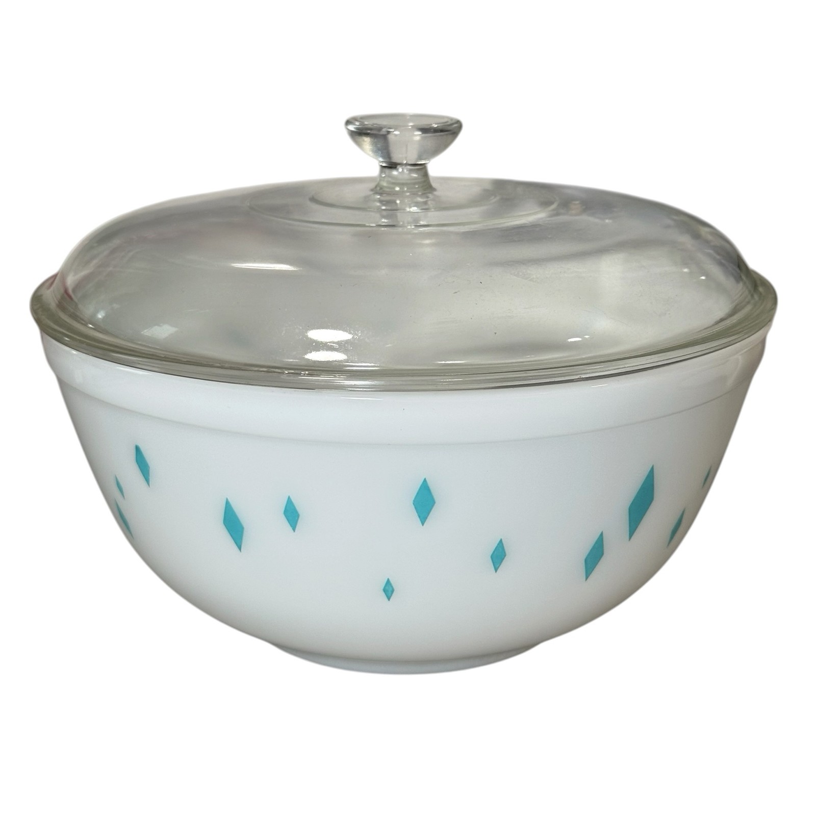 Vintage 1950s Pyrex Turquoise Diamonds Dainty Maid Bowl 403 2.5qt Glass Lid