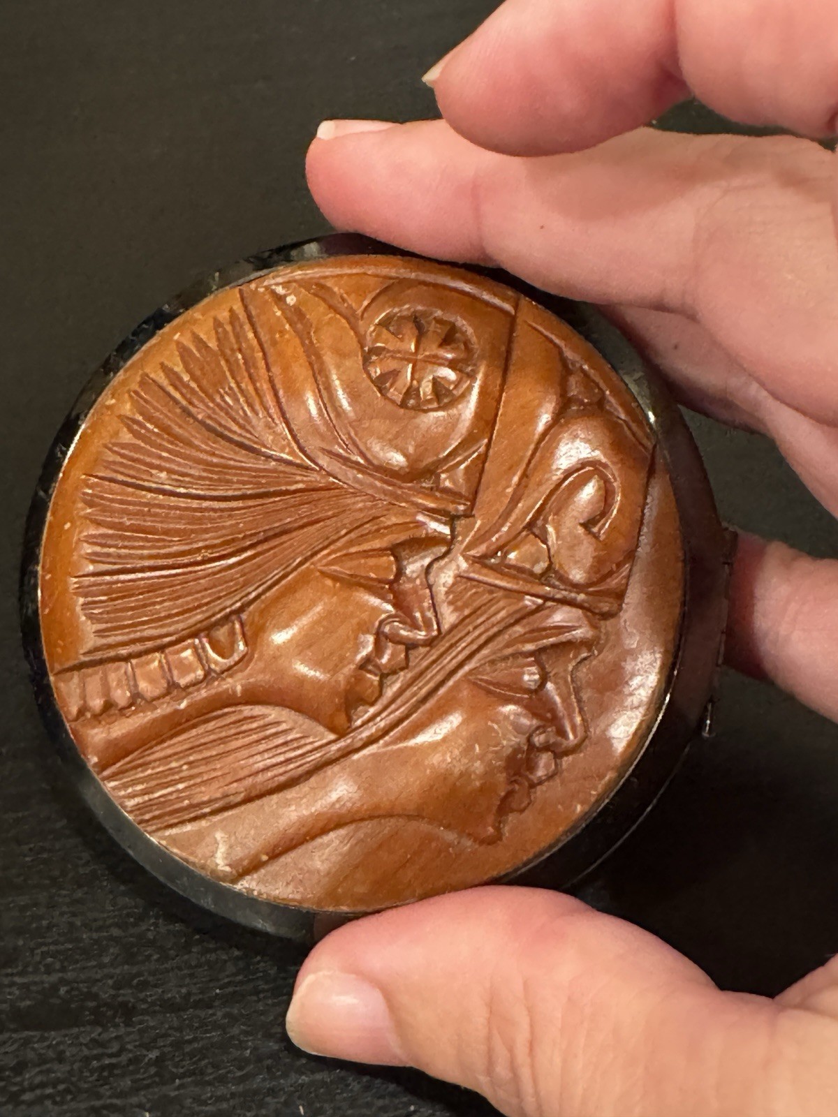 Vintage hand-carved Wood Make Up compact pocket mirror, Japan Mid century