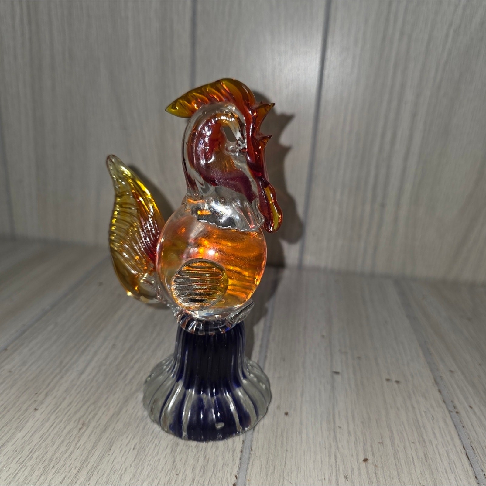 Vtg Murano? Style Blown Art Glass Rooster Red Blue Bird 6.5\