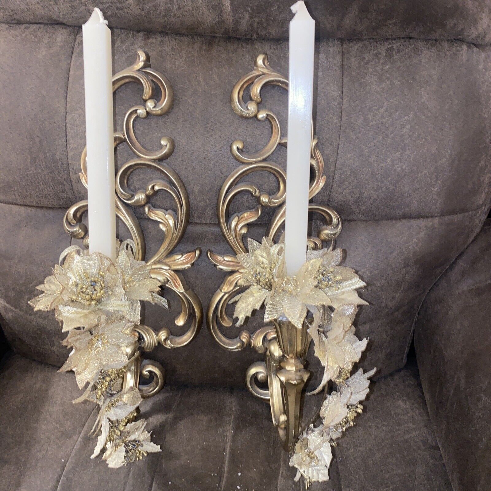 Pair VTG Homco Syroco Gold Floral Wall Candle Sconces 4531 MCM Hollywood Regency