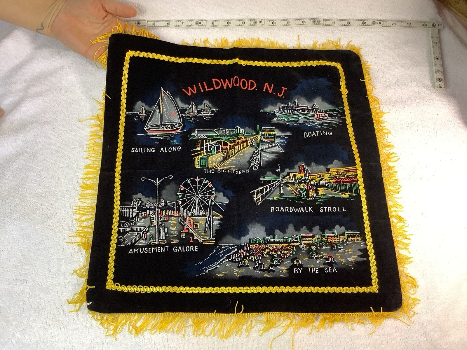 Vintage Wildwood N.J. Souvenir Velvet Pillow Cover Sailing Boating Boardwalk