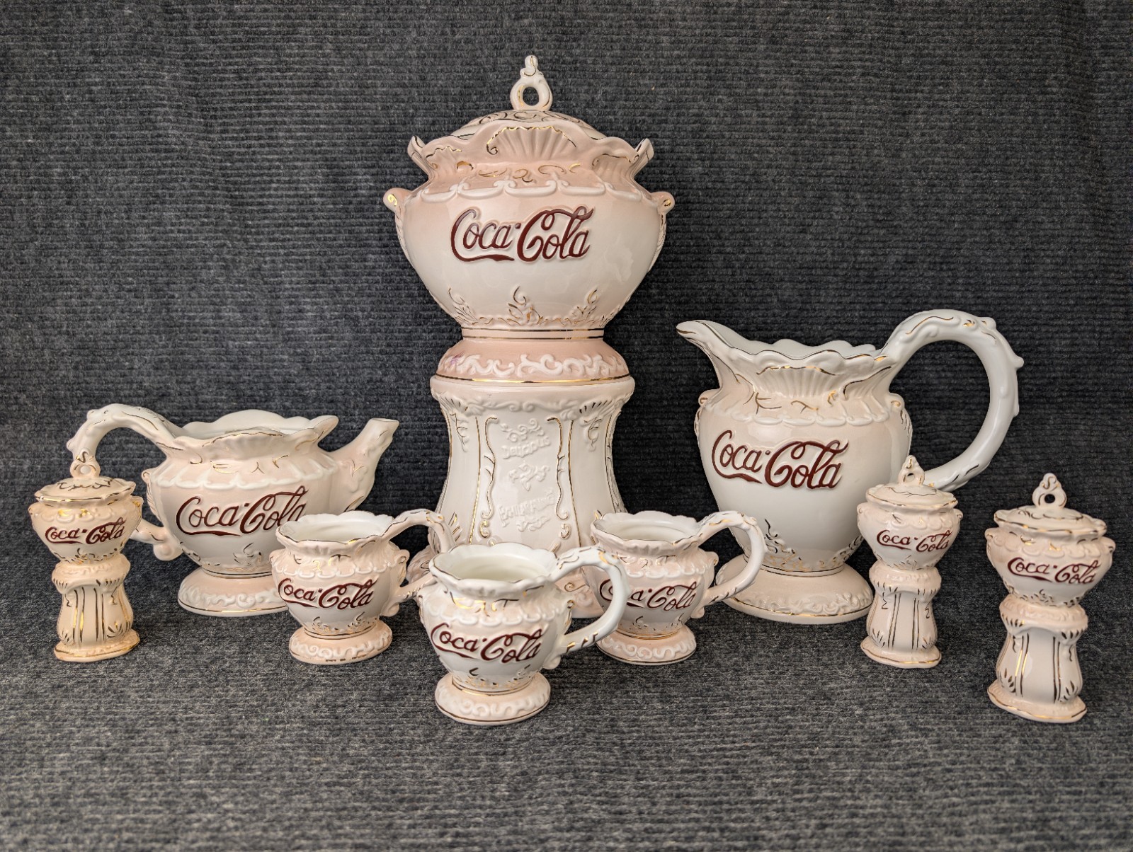 9pc 1998 Coca-Cola Victorian Series Ceramic Tea & Coffee Set Gold Trim