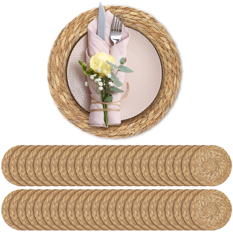 Aneco 48 Pack 12-Inch Round Woven Placemats Natural Hand-Woven Boho Rattan