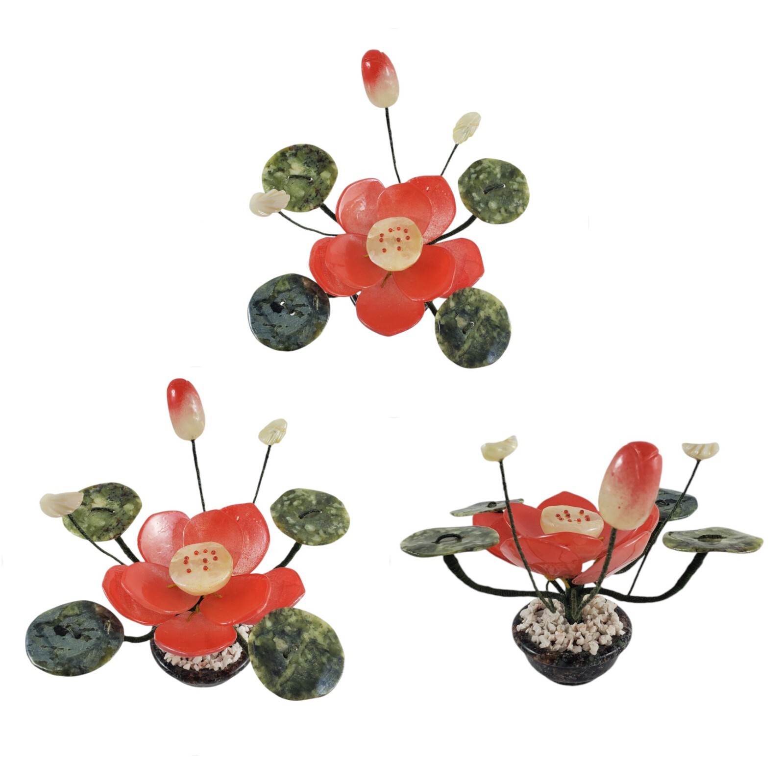 Vtg Chinese Jade Stone Lotus Flower Tree Sculpture Planter Lily Pad Decor 5.75\