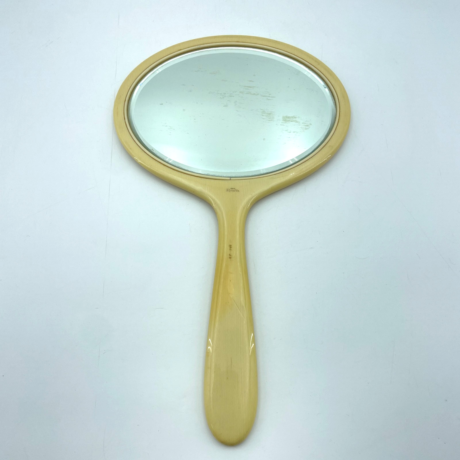 PYRAMID Art Deco Hand Mirror Ivory Celluloid Vintage Vanity Oval 14.5in Rare