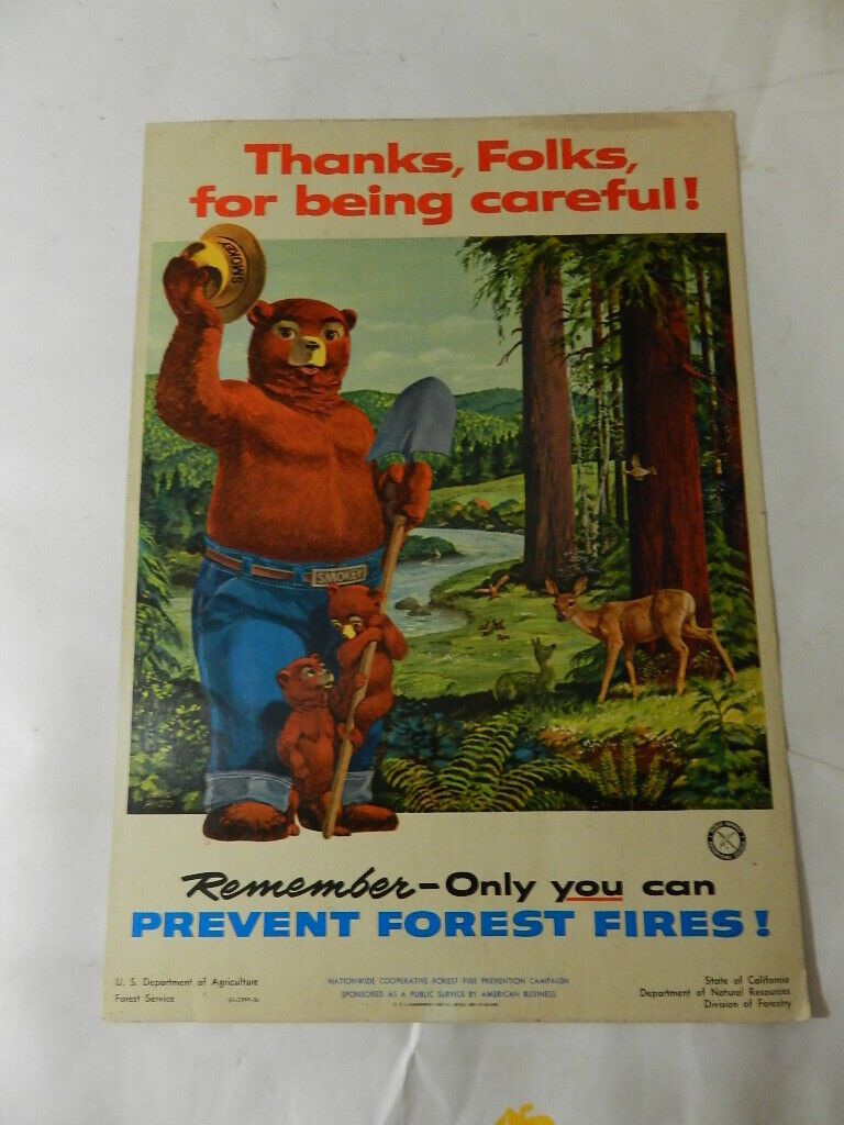 VINTAGE 1956 SMOKEY BEAR  POSTER- U.S. FOREST SERVICE SIGN- WOODSEY OWL- CAMPING