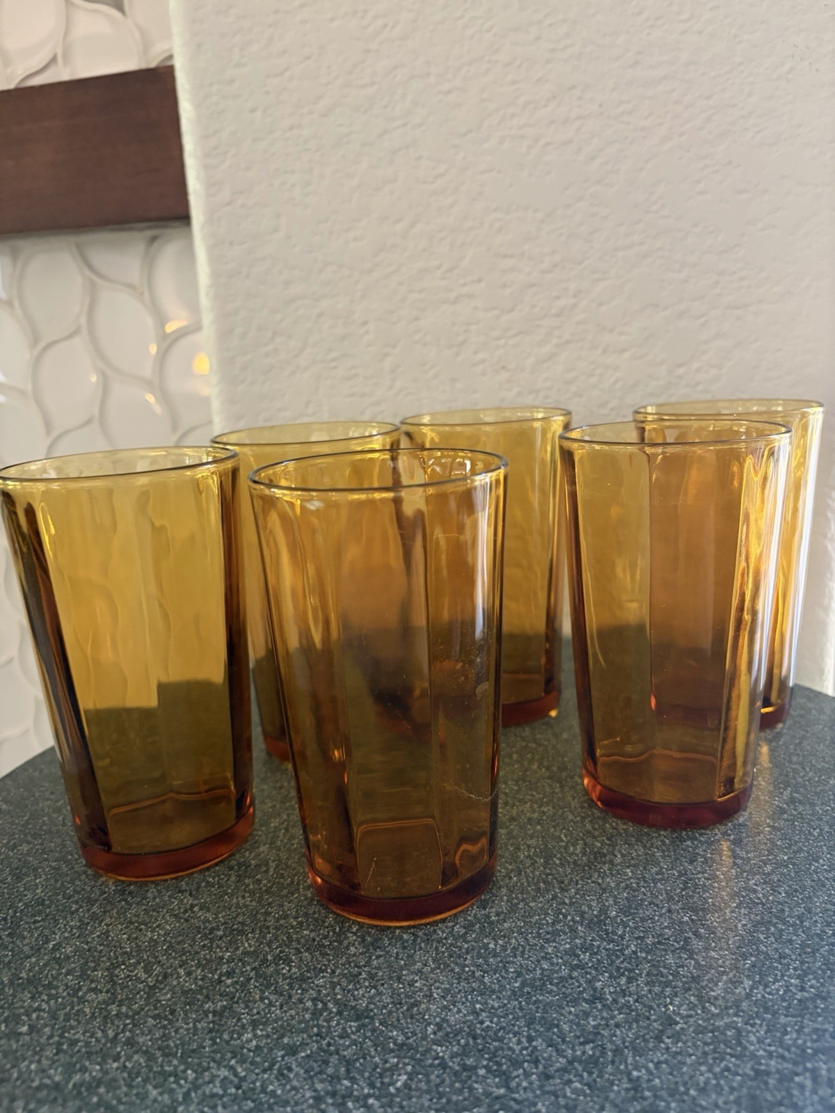 Vtg Hazel Atlas MCM 1960s Amber Glass Panel Optic Water Tumblers 5\