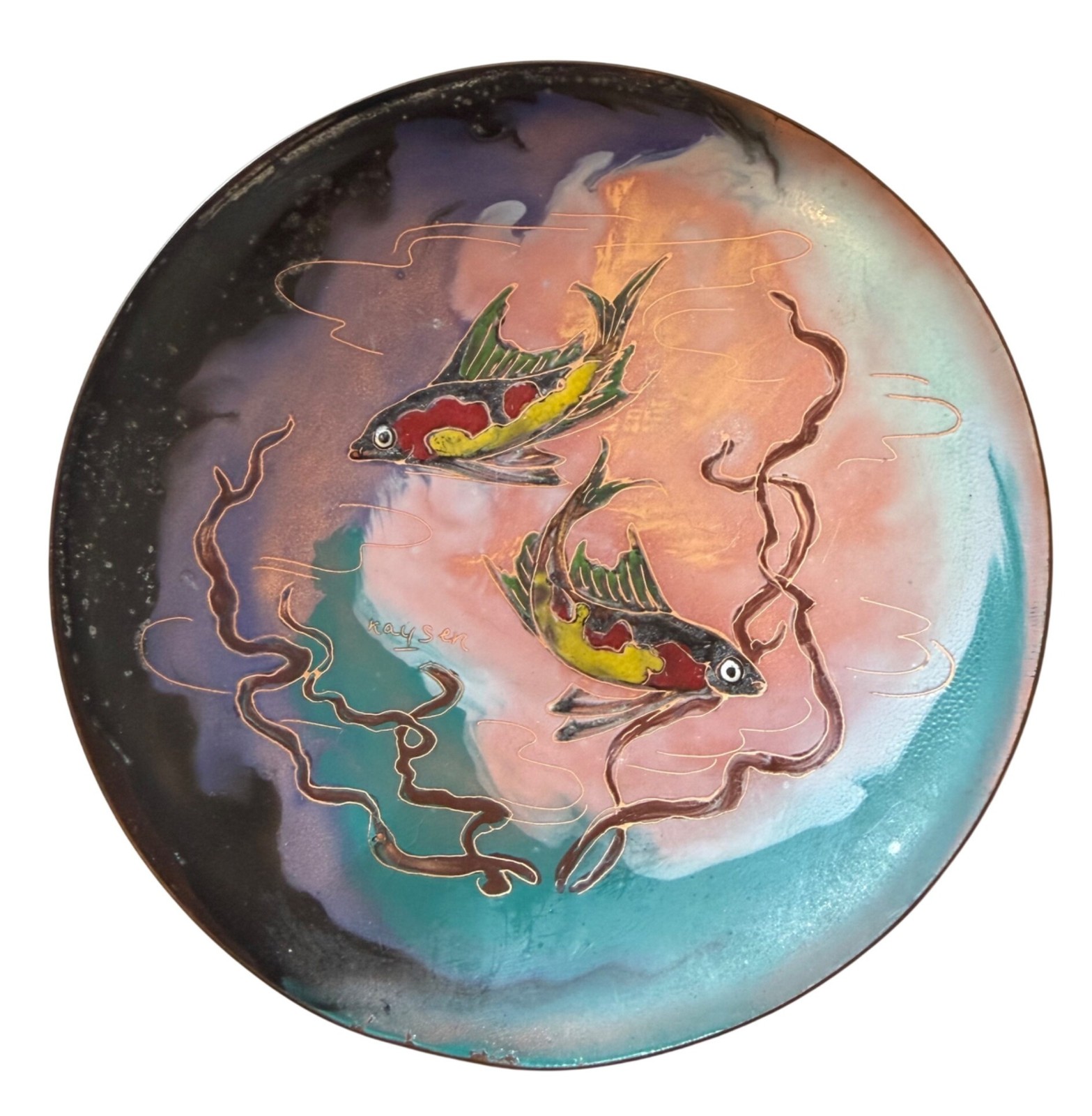 Vintage Kayser Holland Enamel Copper Fish Dish MCM Signed 5\