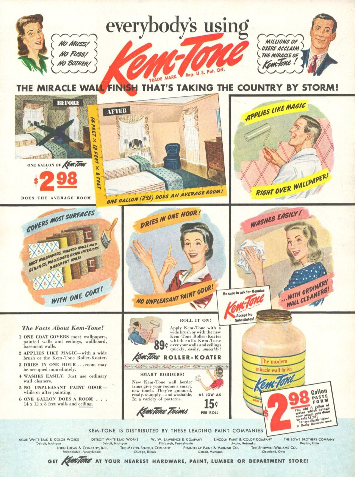 1943 Kem Tone housepaint vintage PRINT AD miracle wall finish covers in one coat