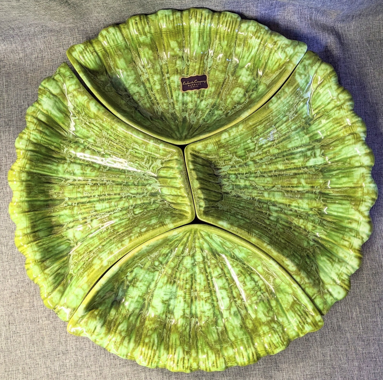 Vintage Enchanto Calif Green Drip Glaze Ceramic Divided Lazy Susan Dish Set 4 Pc