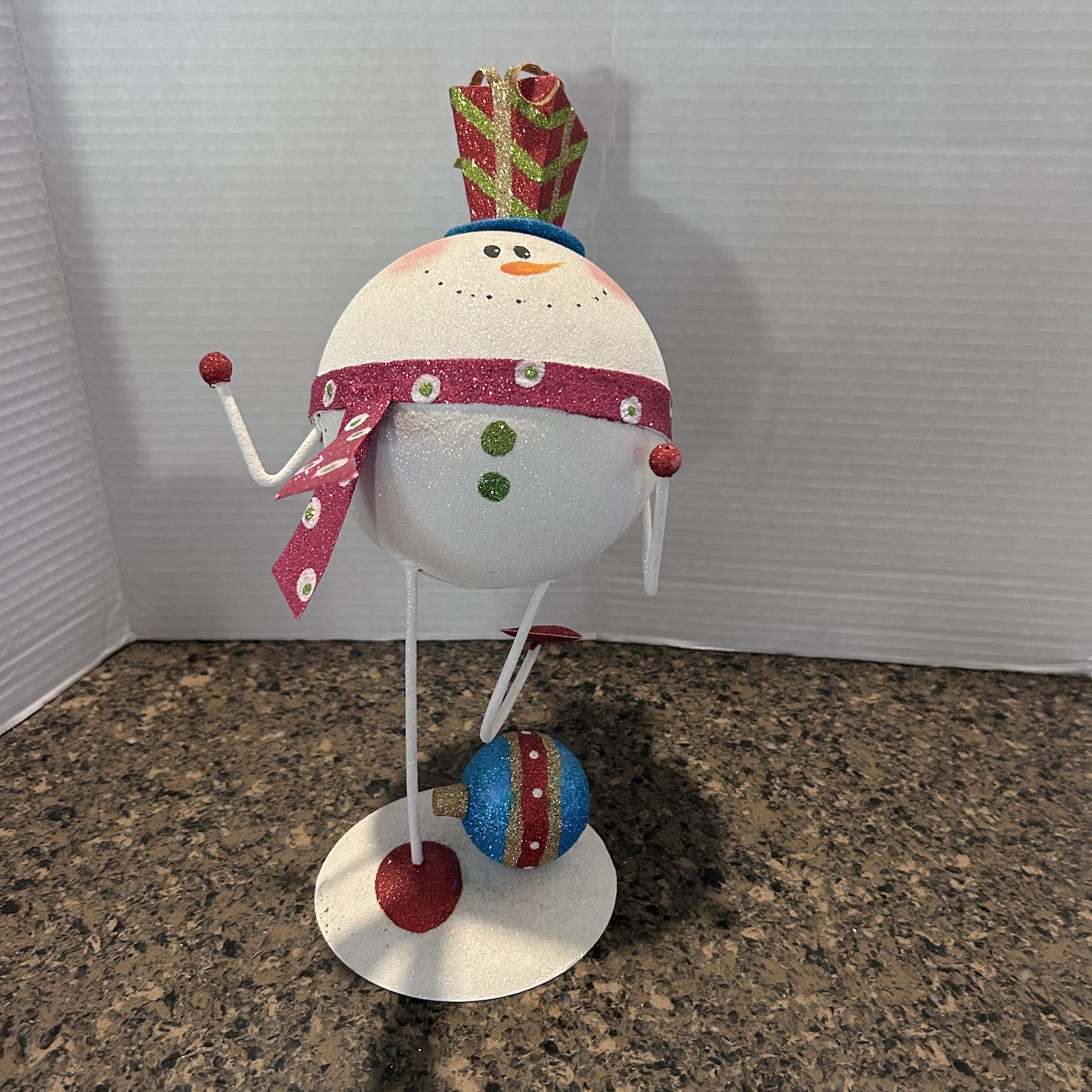 Pier 1 Whimsical Metal Glitter Snowman Present Top Hat Ornament Christmas Decor