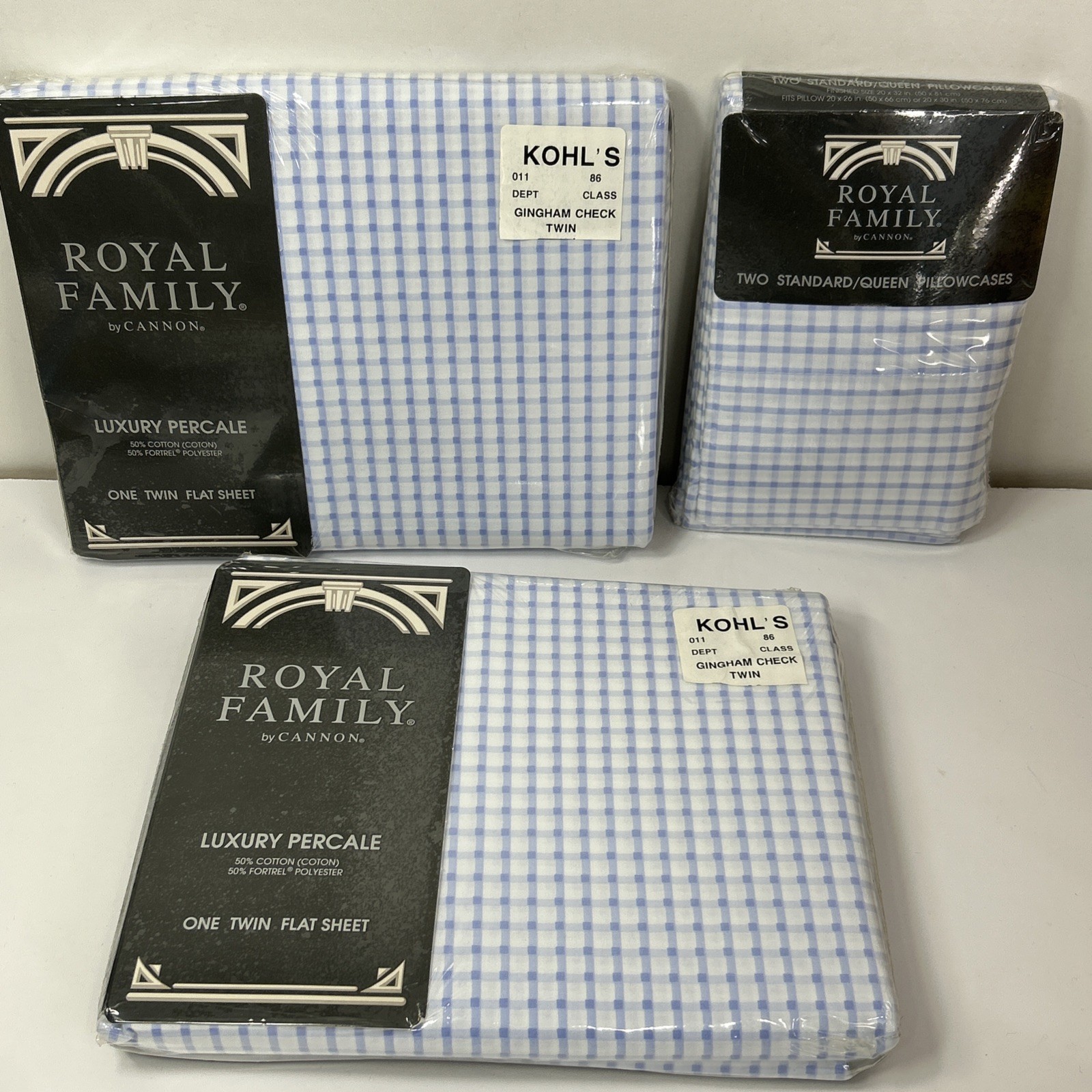 Vtg Royal Family Cannon 2 Twin Flat Sheet 2 Queen Pillowcase Blue Gingham NOS