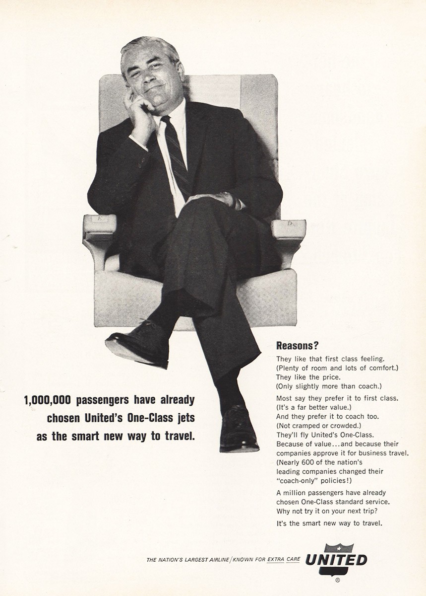 1964 United Airlines: One Class Jets Vintage Print Ad