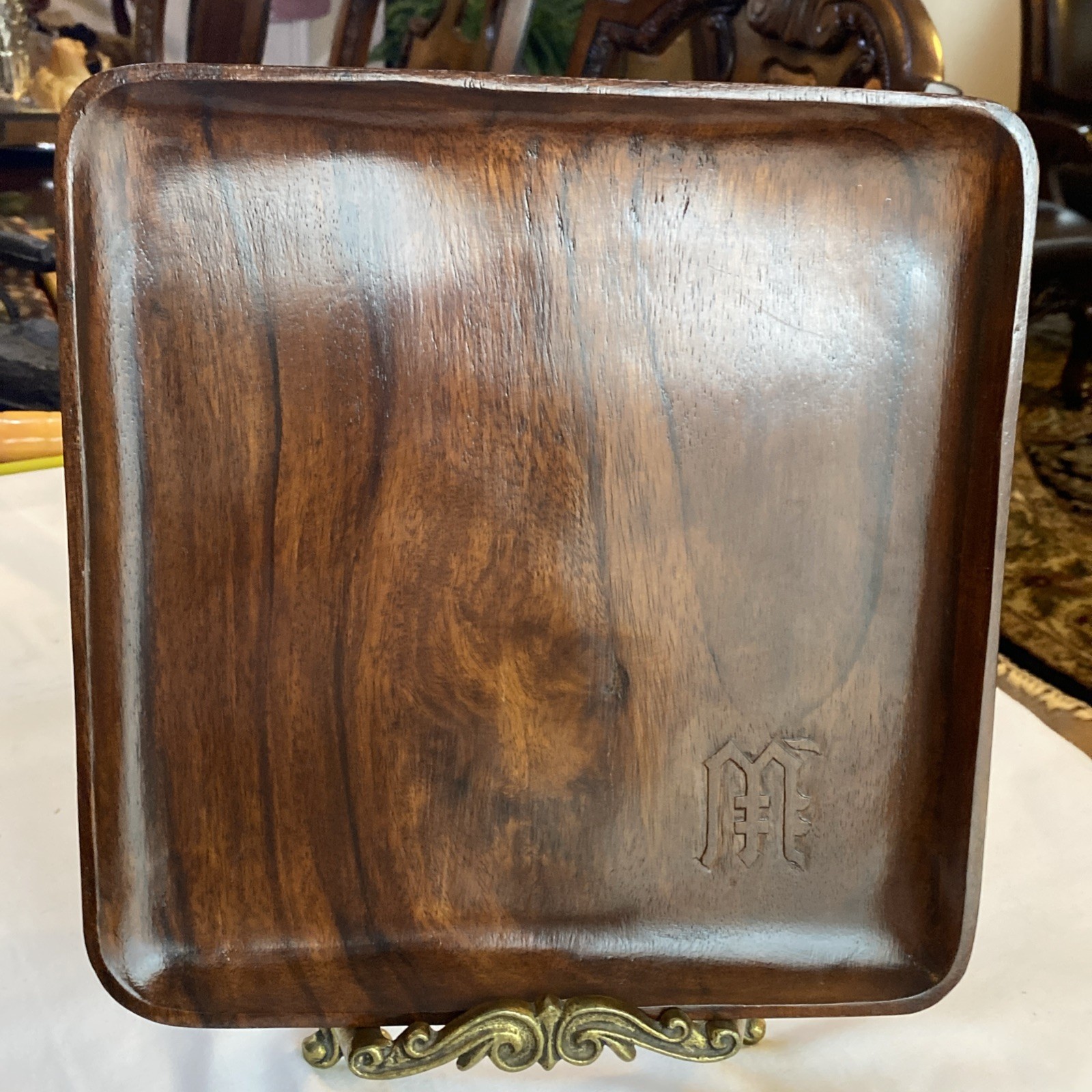 Square Solid Walnut Serving Tray Monogrammed W/ Gothic Letter 12”  Historical?