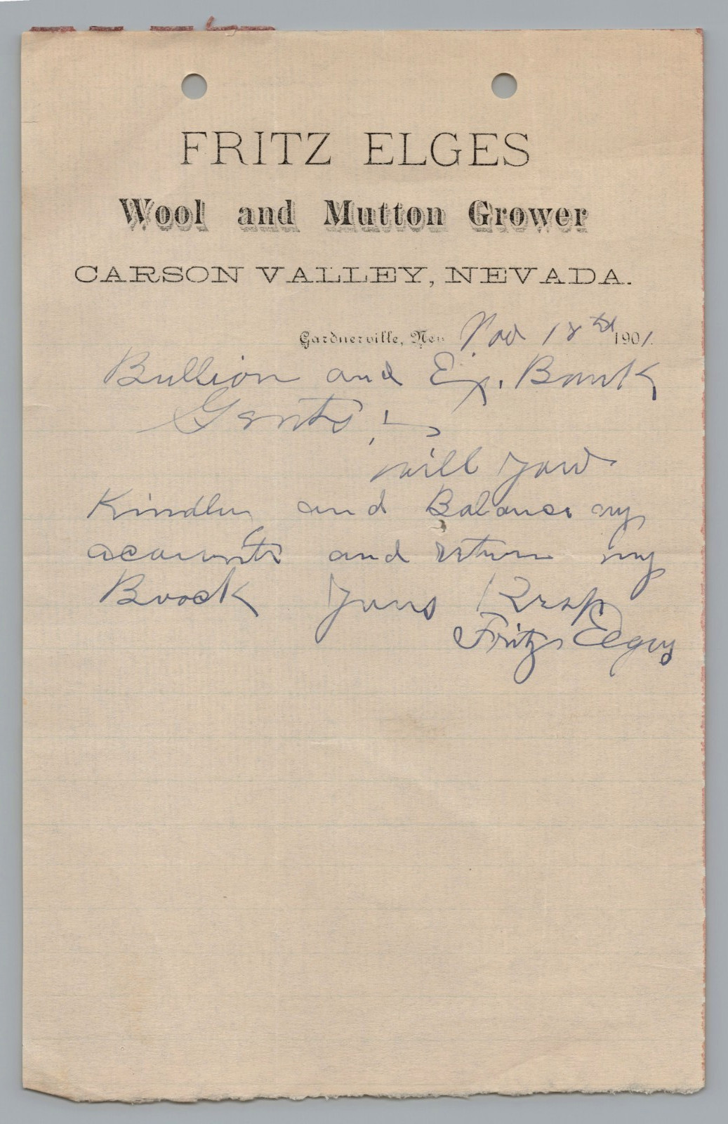 1901 Letterhead Fritz Elges Wool Grower, Carson Valley, Nevada