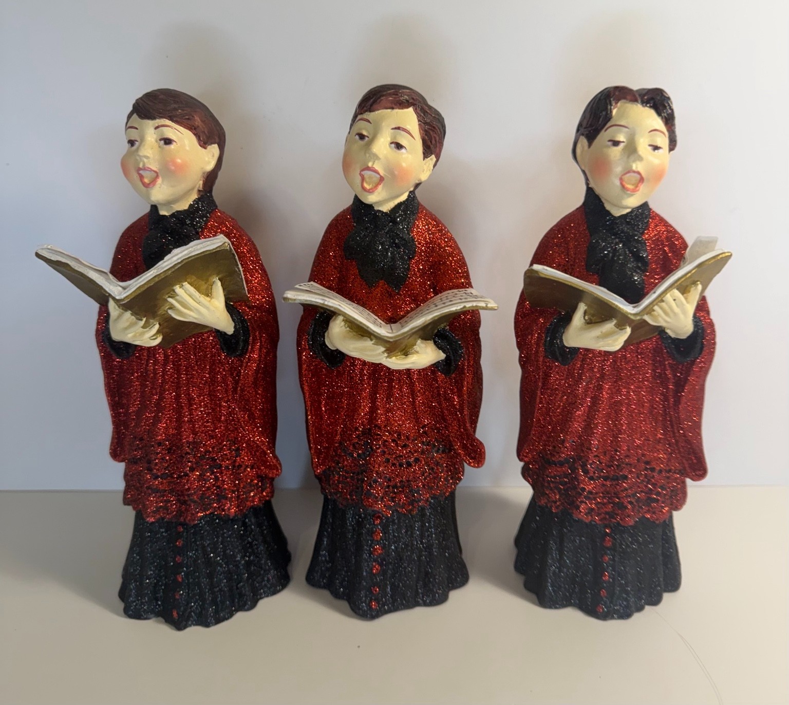 Vintage Dept 56 Set of 3 Christmas Choir Boys Red Black Glitter 8 Inch