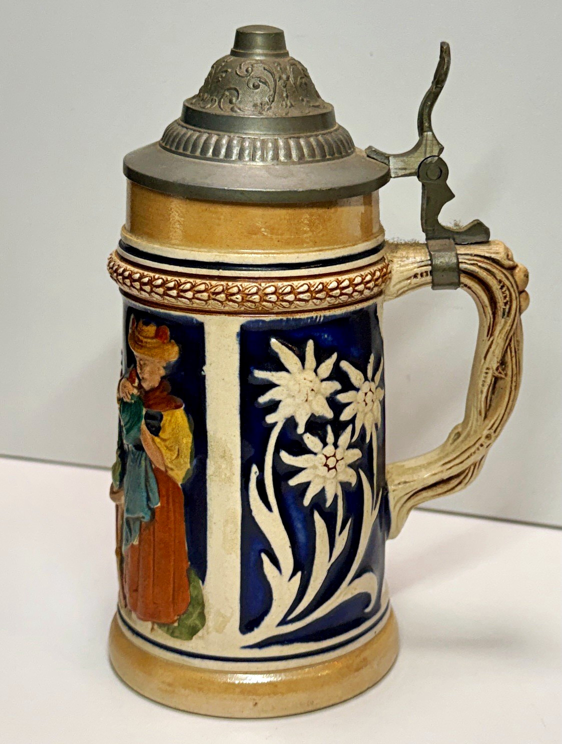 Gerz German Lidded Beer Stein Hinged Pewter Lid Blue/White Floral Relief