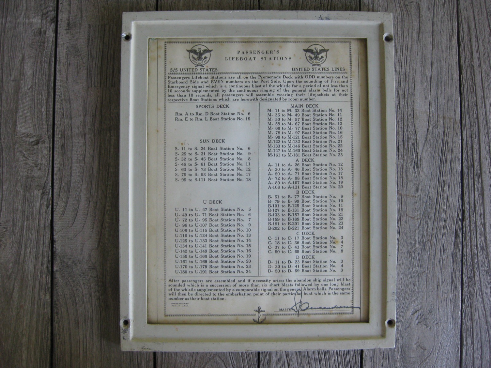 S. S. UNITED STATES Passenger's Lifeboat Stations frame