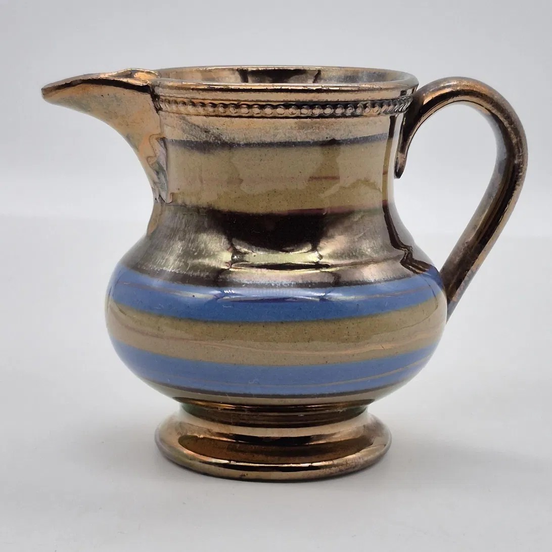 Antique Copper Lustre Creamer Pitcher Blue & Tan Bands Beaded Rim Footed