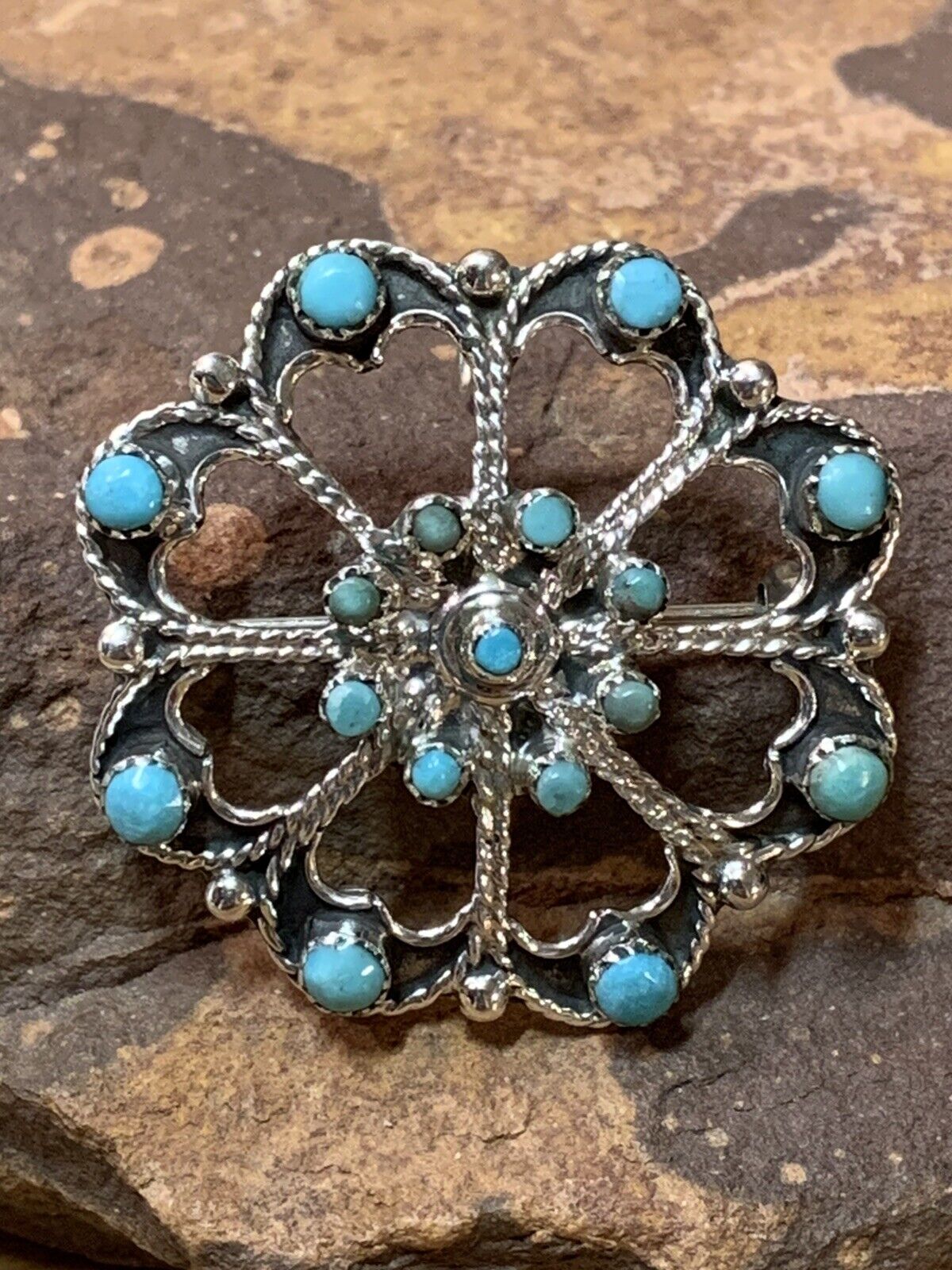 Dainty Sterling Silver Zuni Turquoise Snake Eyes Pin / Pendant Stamped WR