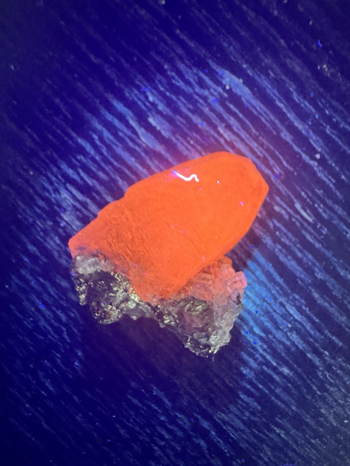 Terminated Mangano Calcite In Pyrite - UV Reactive, 24 Grams. From Peru Terminated Mangano Calcite In Pyrite - UV Reactive, 24 Grams. From Peru