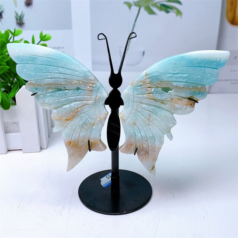 Natural Amazonite Butterfly Wing Crystal Figurine Reiki Quartz Healing+stand