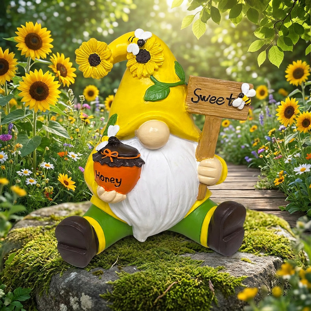 Sunflower Bee Gnome Resin Figurine Honey Pot Dwarf Statue Yard Garden Decor