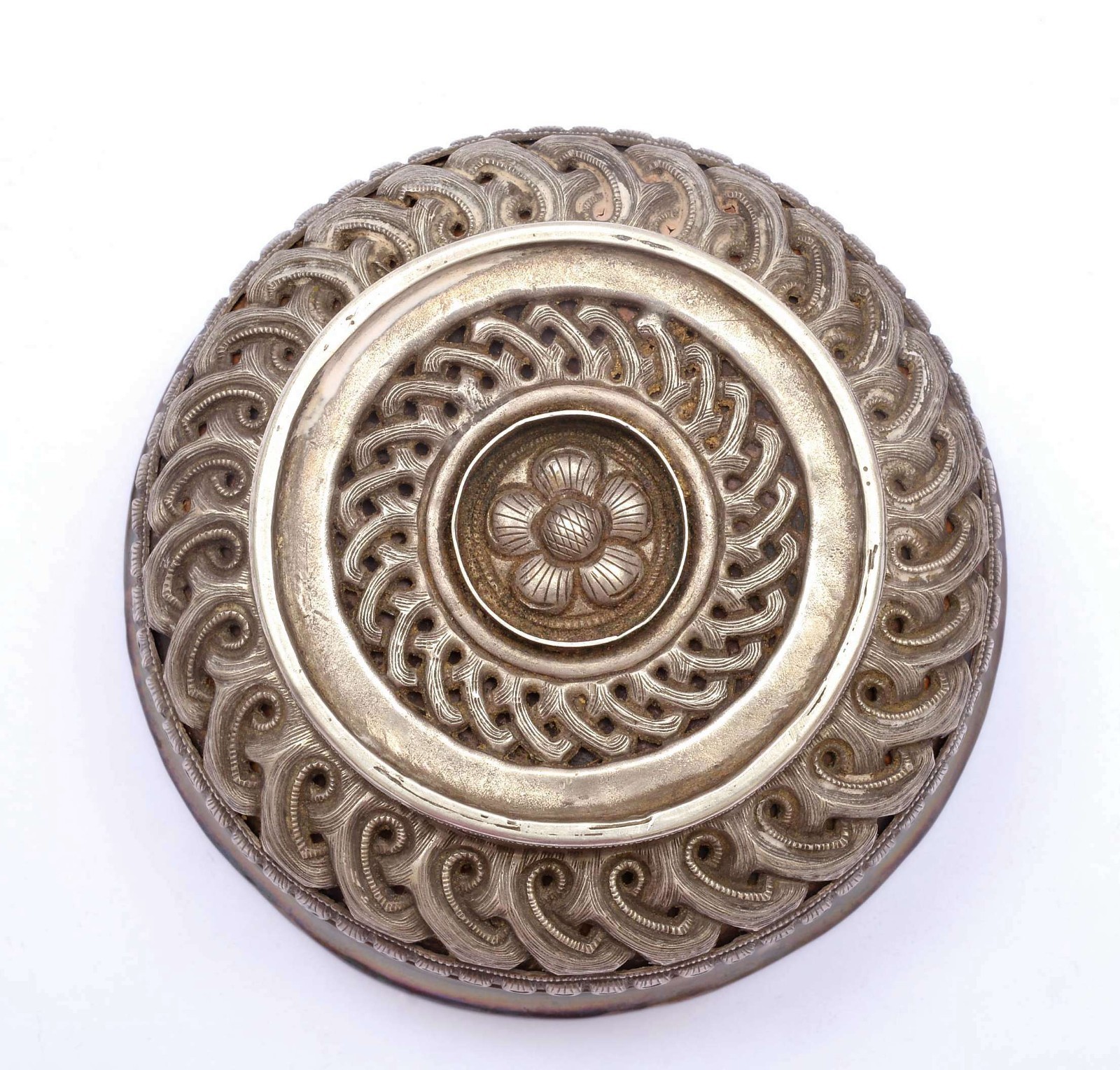 1960's Chinese Tibetan Tibet Silver Repousse Burl Wood Mounted Tea Bowl