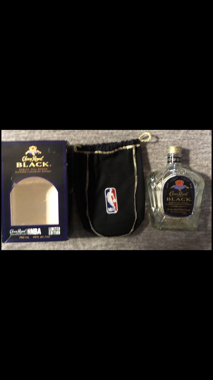 Rare Crown Royal Black Box, Empty Bottle Embroidered Logo & NBA Patch Bag