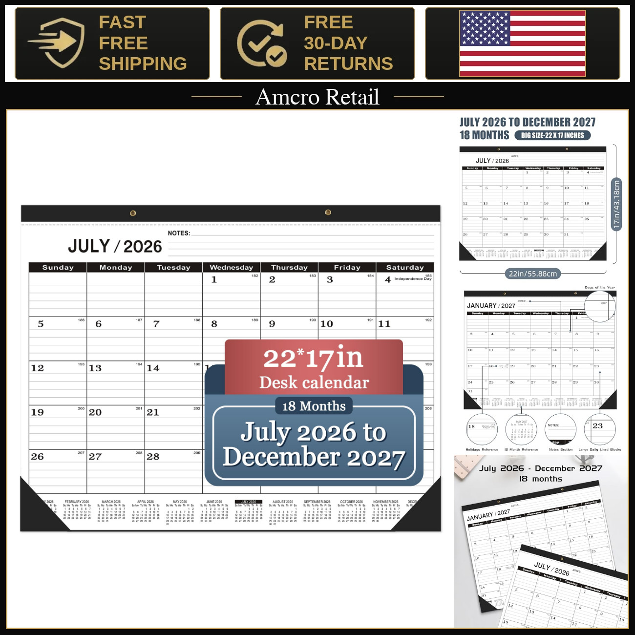Large Desk Calendar 2026-2027, 22x17 Classic Black, July 2026 - Dec 2027, Plasti