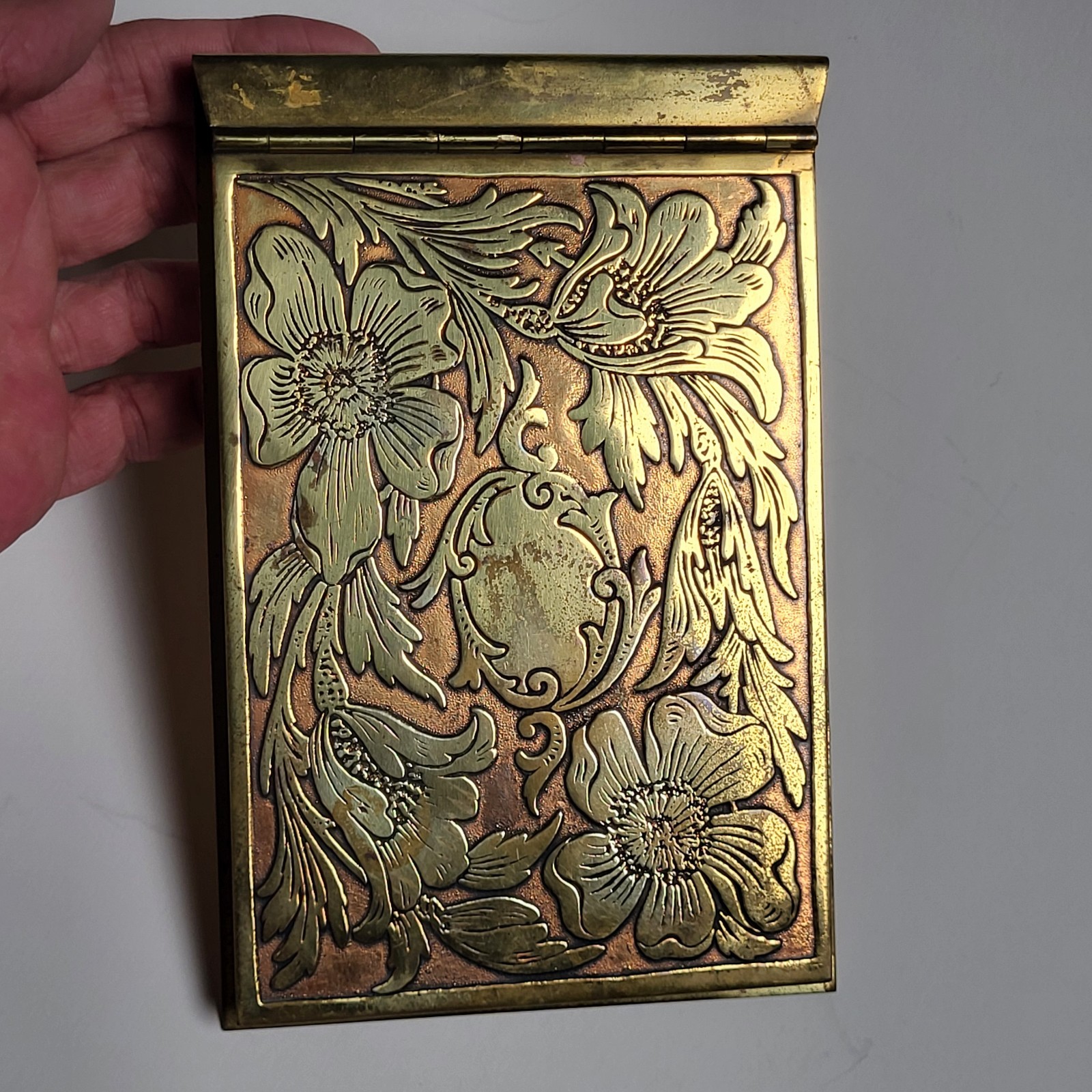 Antique Art Nouveau Brass Notepad Paper Memo Card Holder Floral Poppy Design