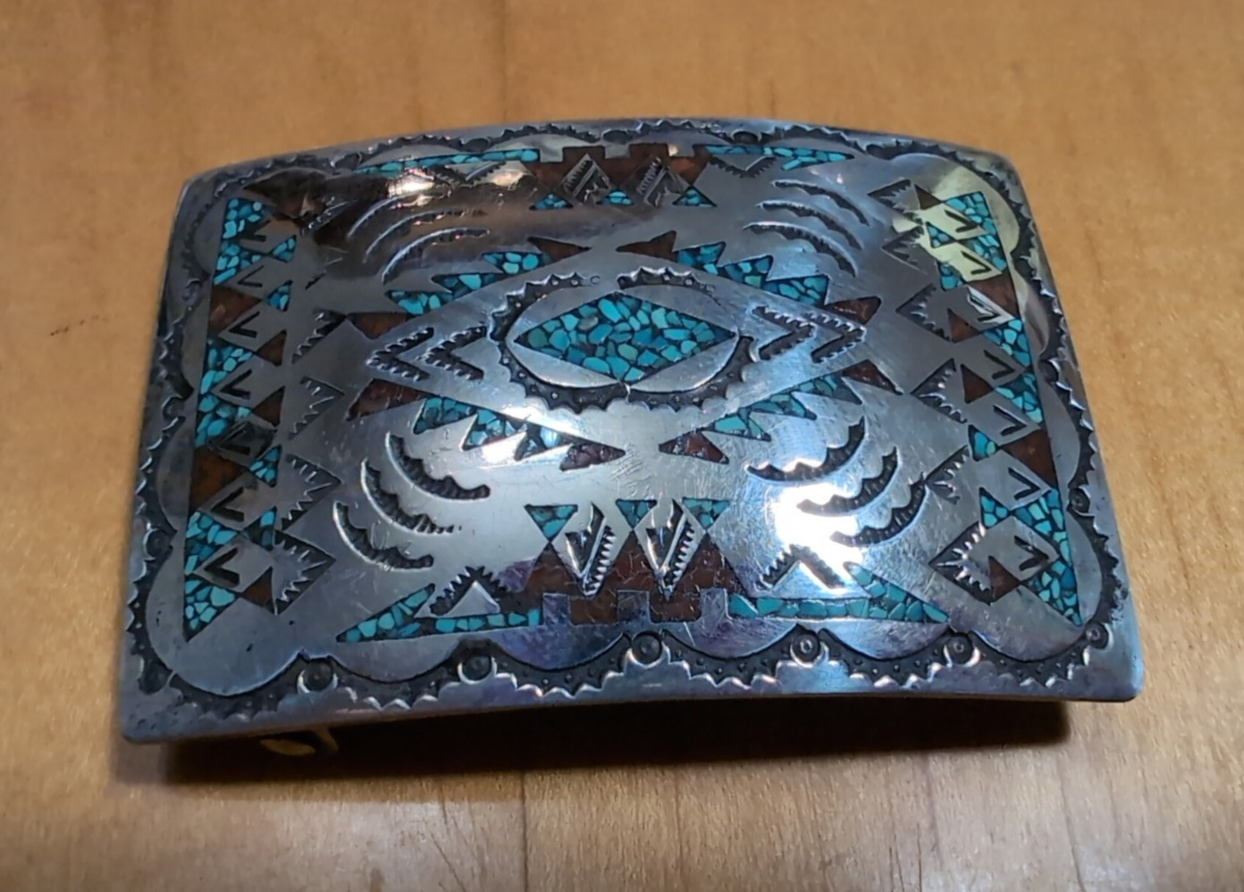 Vintage Navajo Sterling Silver Inlaid Turquoise Coral Belt Buckle Signed Nakai